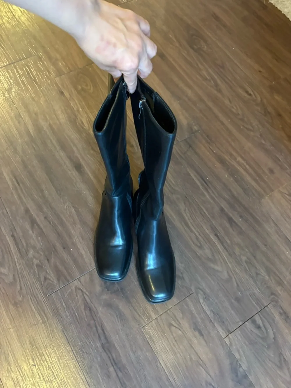 QIY Knee High Faux Leather Elastic Square Toe Side Zipper Fall Long Tall Boots